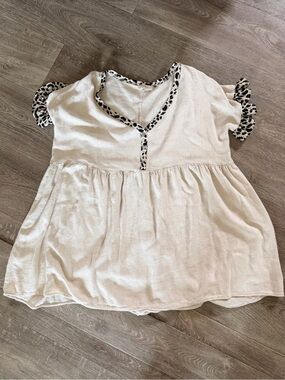 Umgee Cream Blouse with Black Leopard Trim
